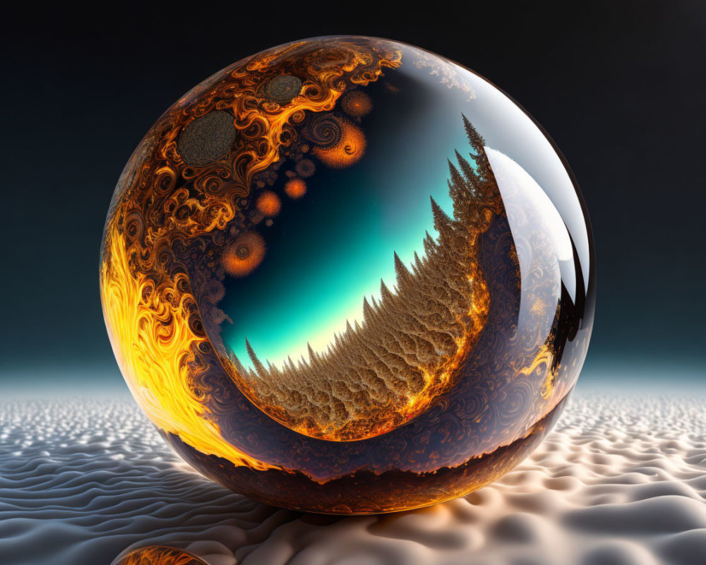 Spherical object reflecting surreal landscape with fractal texture