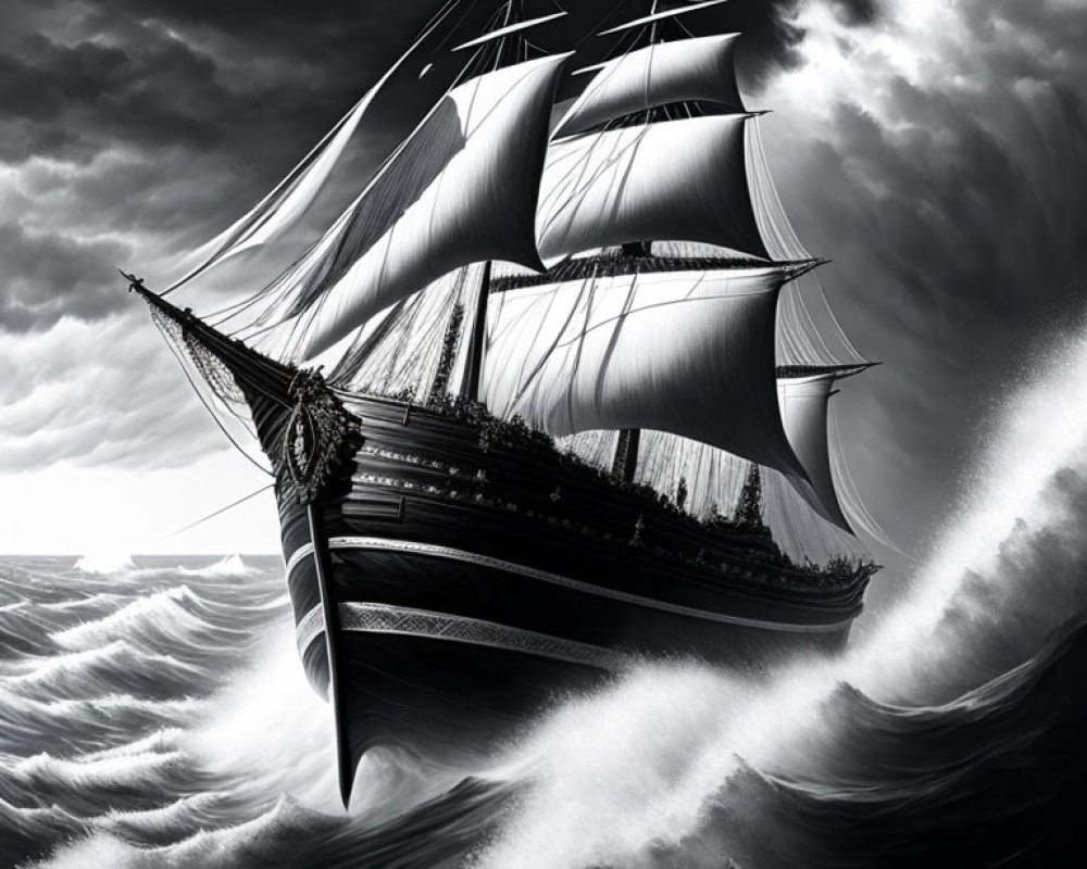 Monochrome image of sailing ship in stormy sea
