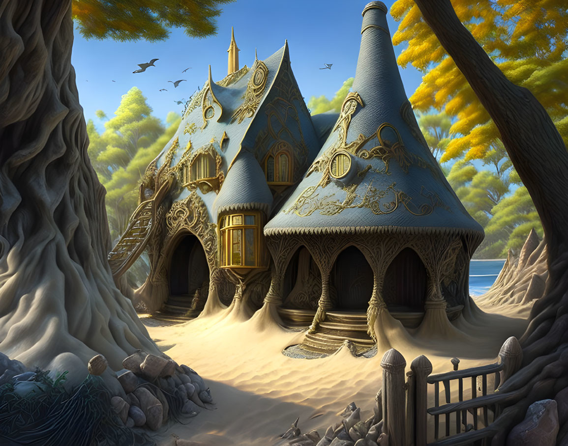 Fantasy-style house with turrets by autumn lake