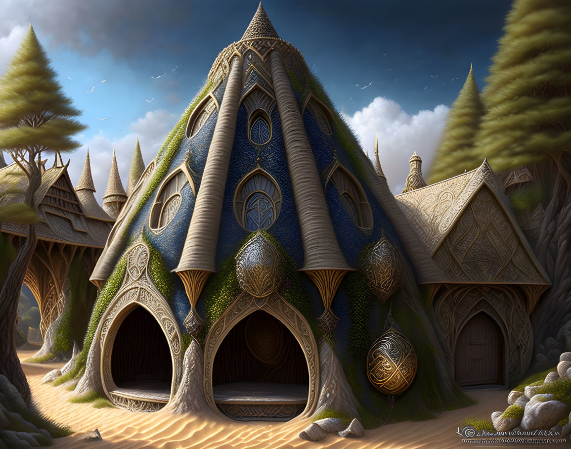 Whimsical fantasy village with mushroom-shaped houses nestled in pine trees