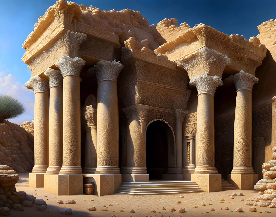 Intricate ancient temple with ornate columns in desert landscape