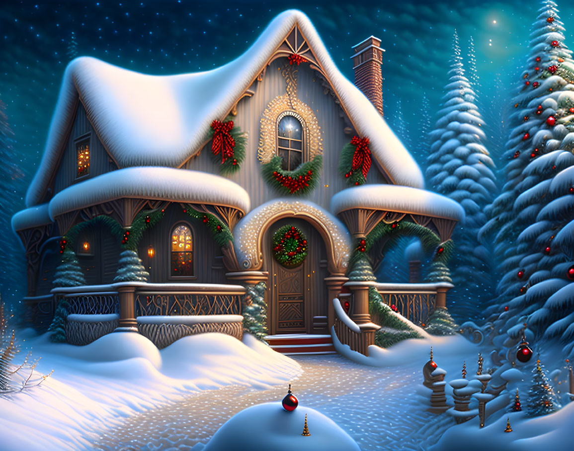 Festive Snow-covered Cottage with Pine Trees at Night