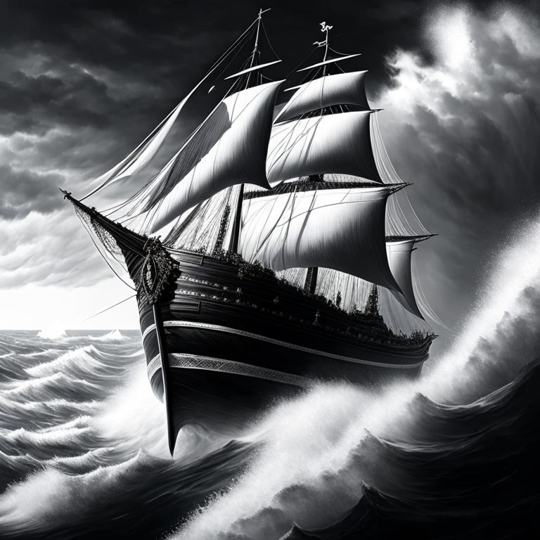 Monochrome image of sailing ship in stormy sea