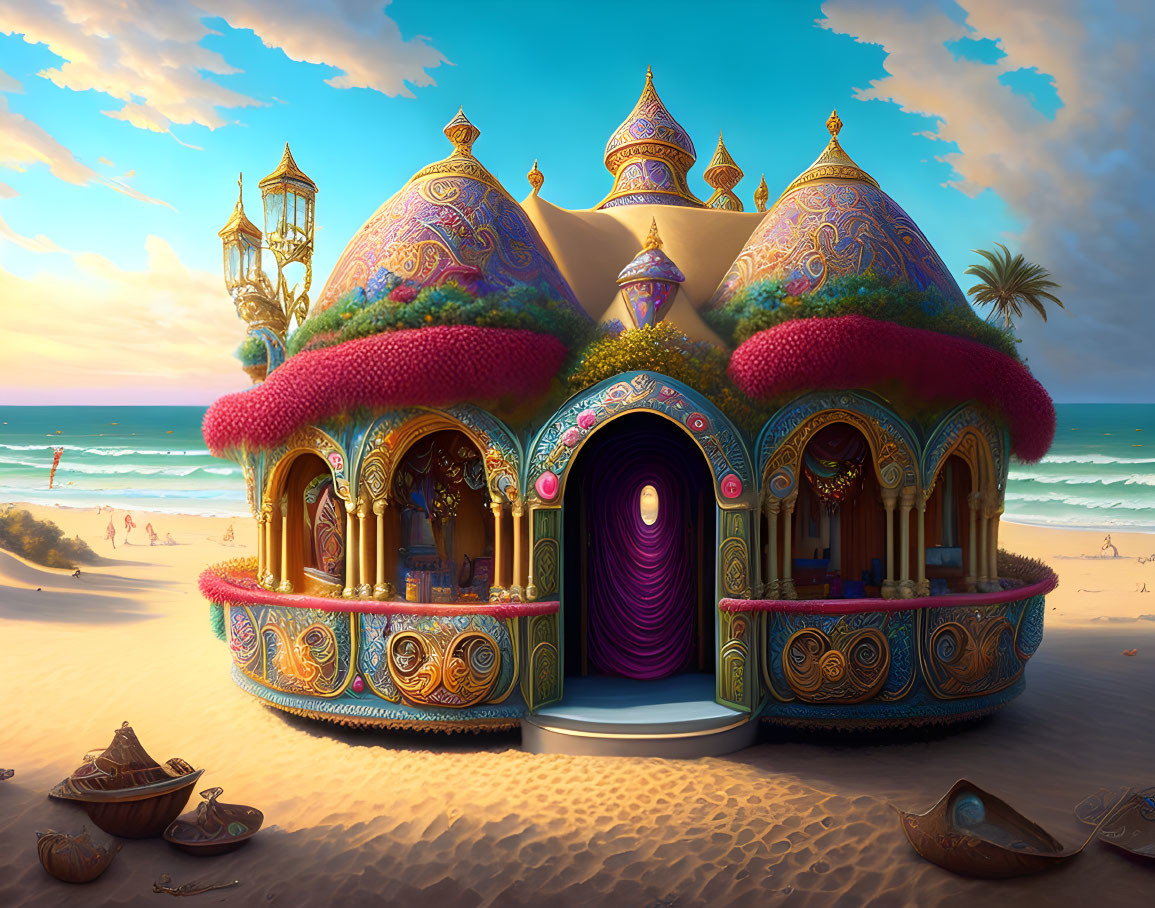 Ornate fantasy palace with domes by beach at sunset
