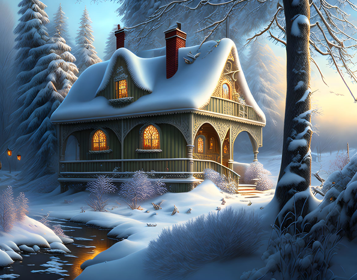 Snow-covered cottage in wintry forest scene at dusk
