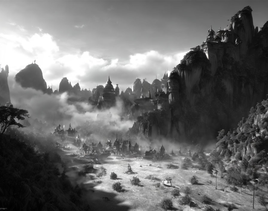 Monochrome fantasy landscape with misty valleys, towering cliffs, and castle-like structures amid forested setting
