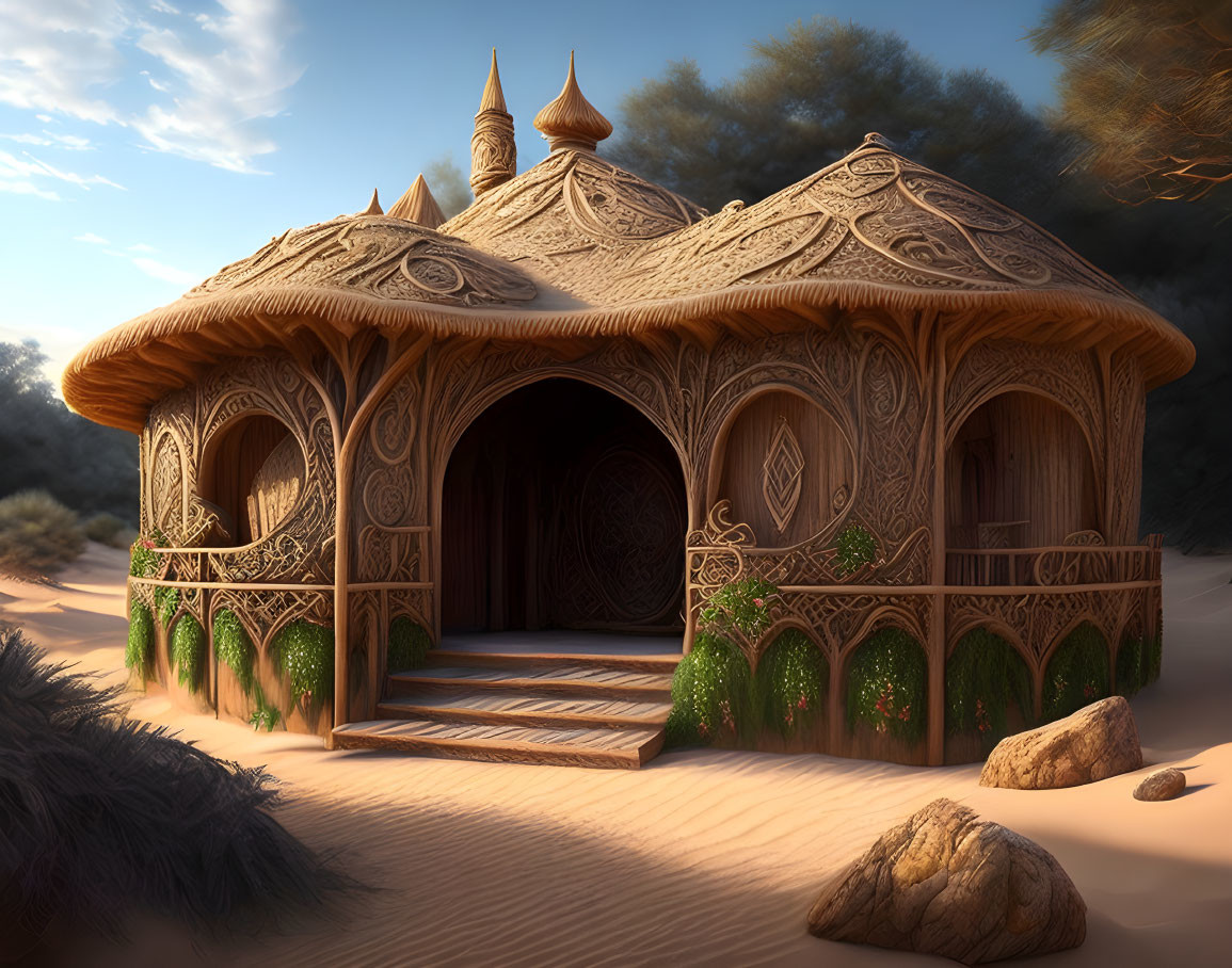 Intricate Carved Wooden Pavilion in Desert Dusk
