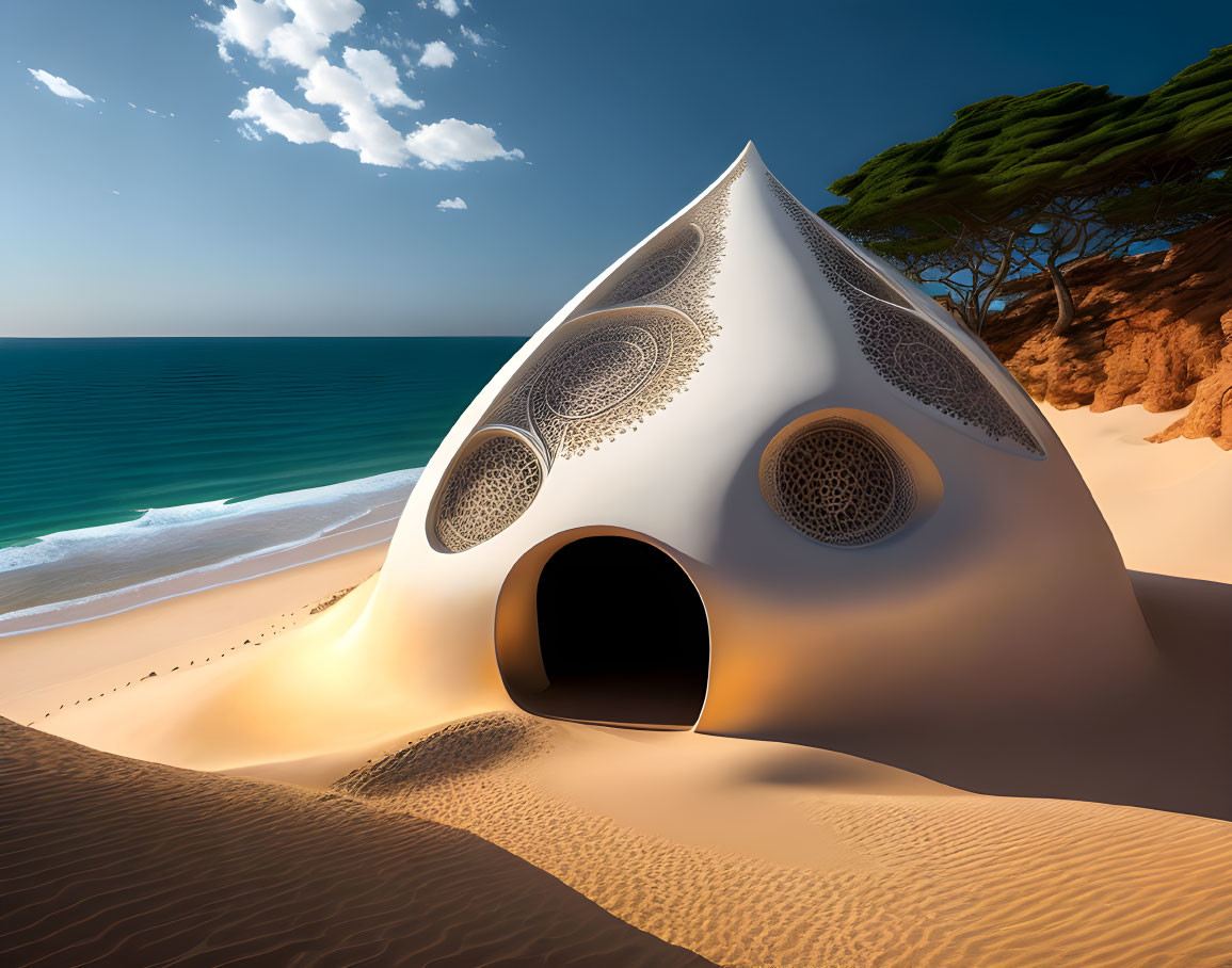 Futuristic dome-shaped structure on sandy beach with intricate designs