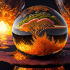 Surreal image of glossy sphere with golden tree in vivid landscape