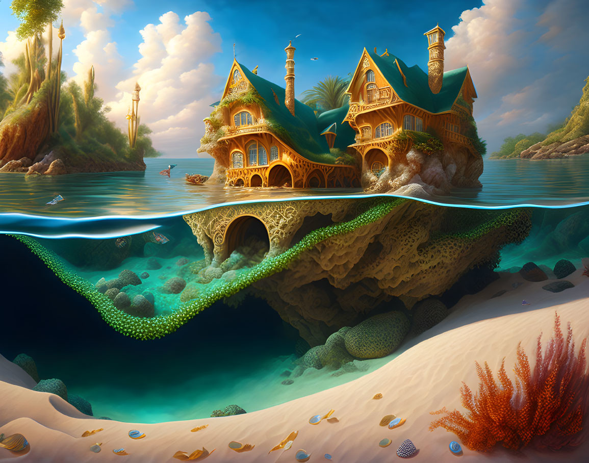 Majestic underwater city with sea structures and marine life