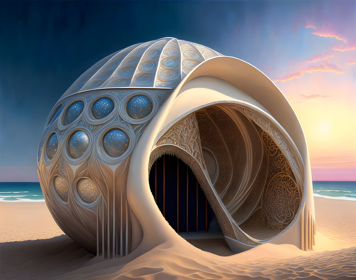 Ornate spherical structure on beach at sunset
