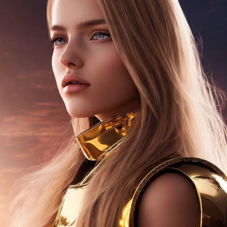 Blonde woman in futuristic gold attire with blue eyes