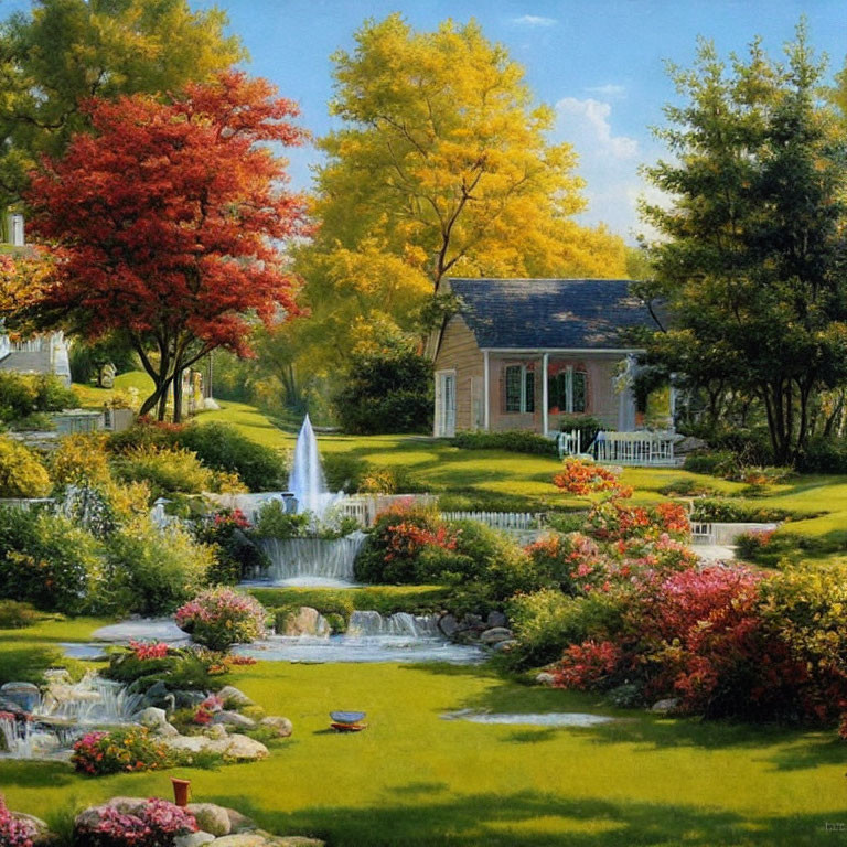 Tranquil garden with waterfall, stream, flowers, and cottage
