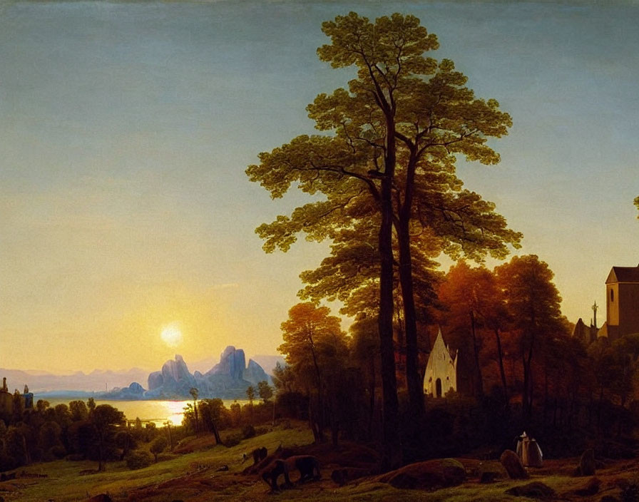 Sunset landscape painting with tree, church, mountains, and figures