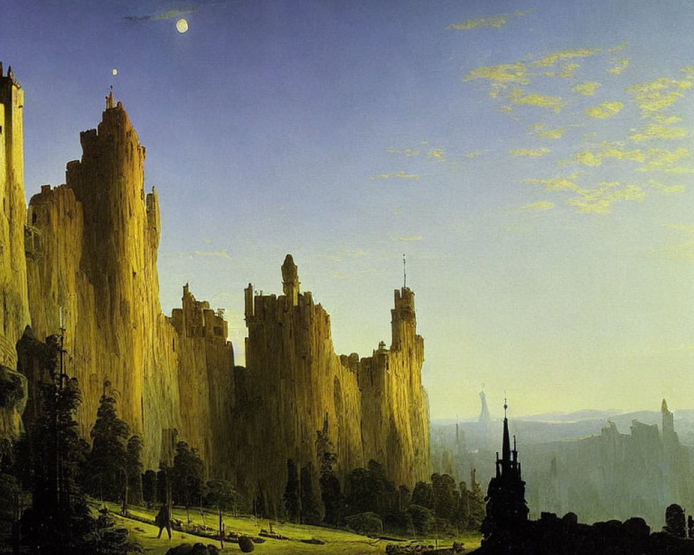 Romantic painting of castle on cliff at twilight with moon and tiny figures