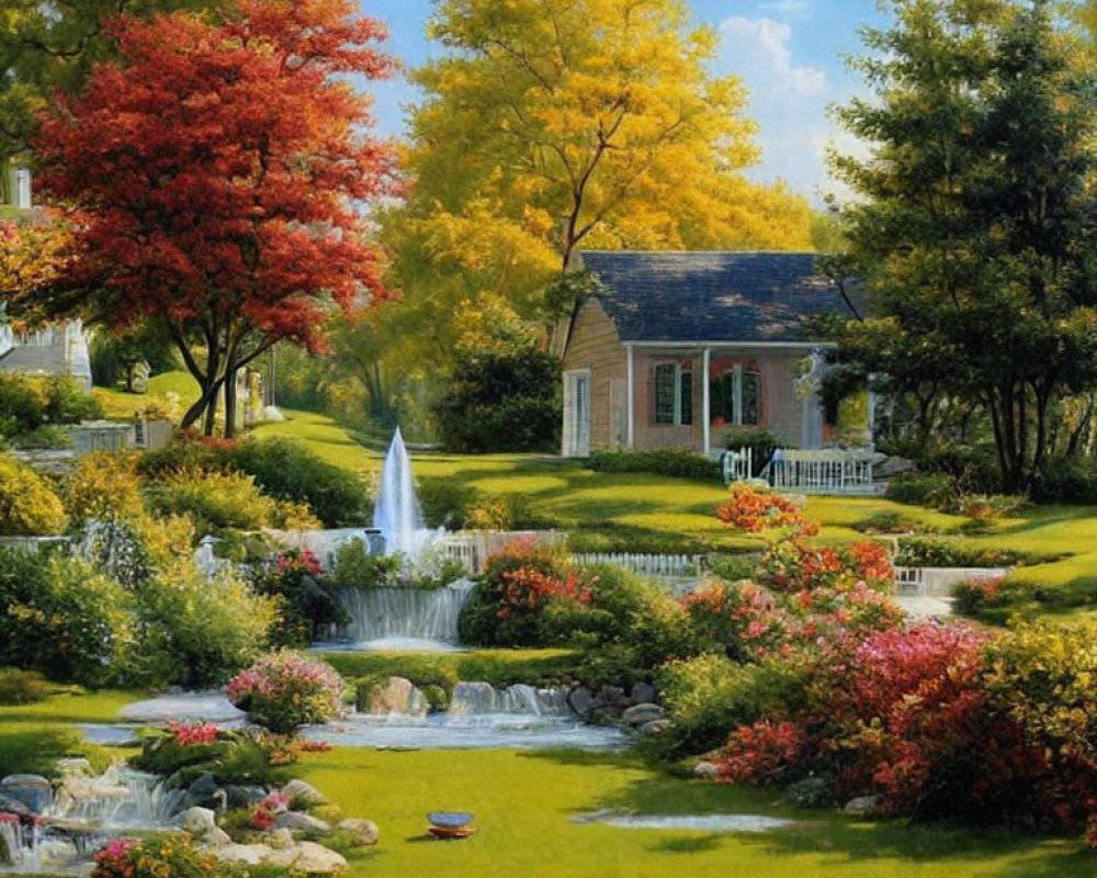 Tranquil garden with waterfall, stream, flowers, and cottage