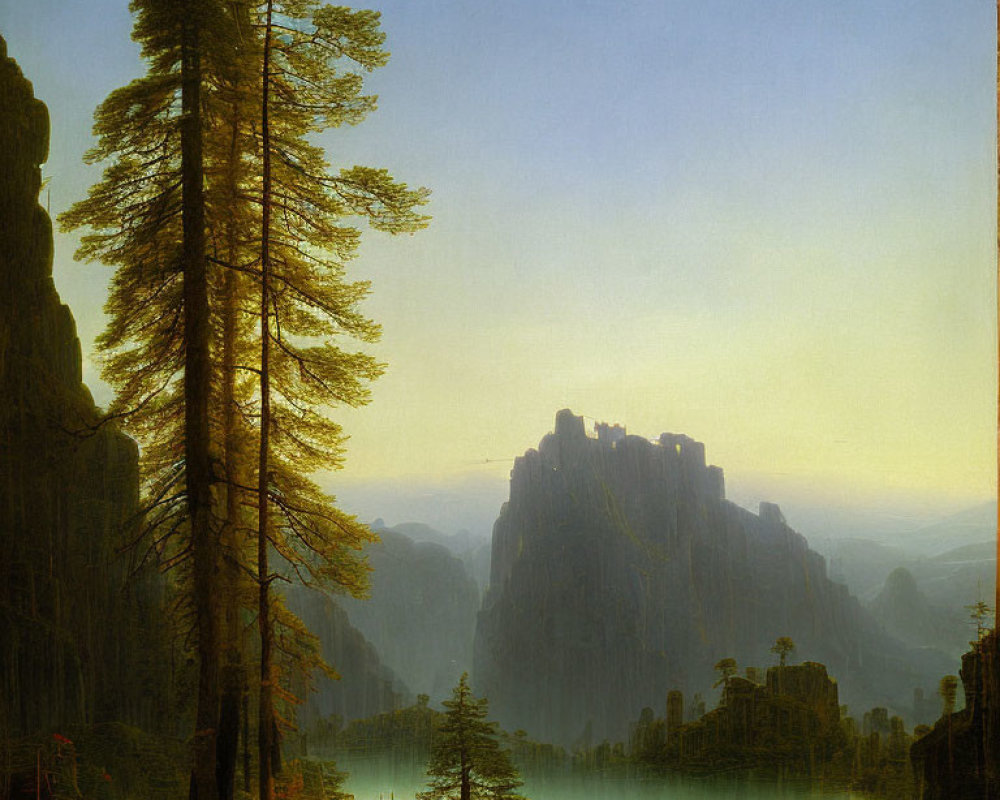 Tranquil landscape with towering trees, serene lake, and majestic illuminated mountain.