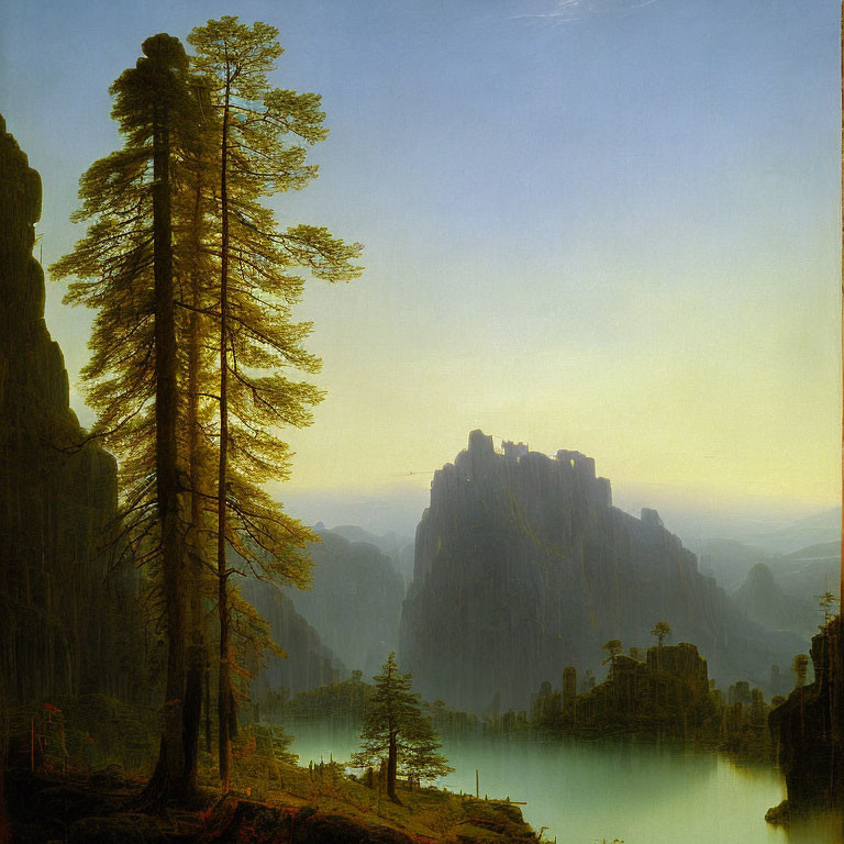 Tranquil landscape with towering trees, serene lake, and majestic illuminated mountain.