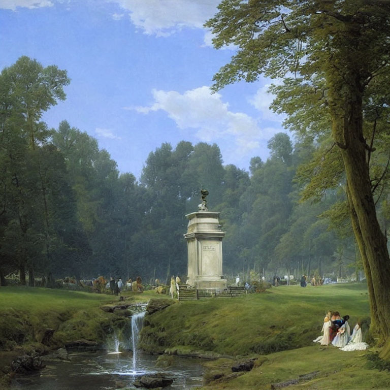 Tranquil 19th-Century Landscape with Column, Waterfall, Trees, and People