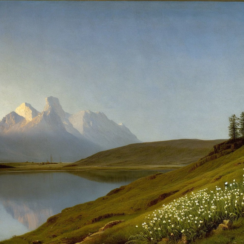 Tranquil landscape painting of serene lake, distant mountains, and green hills with white flowers.