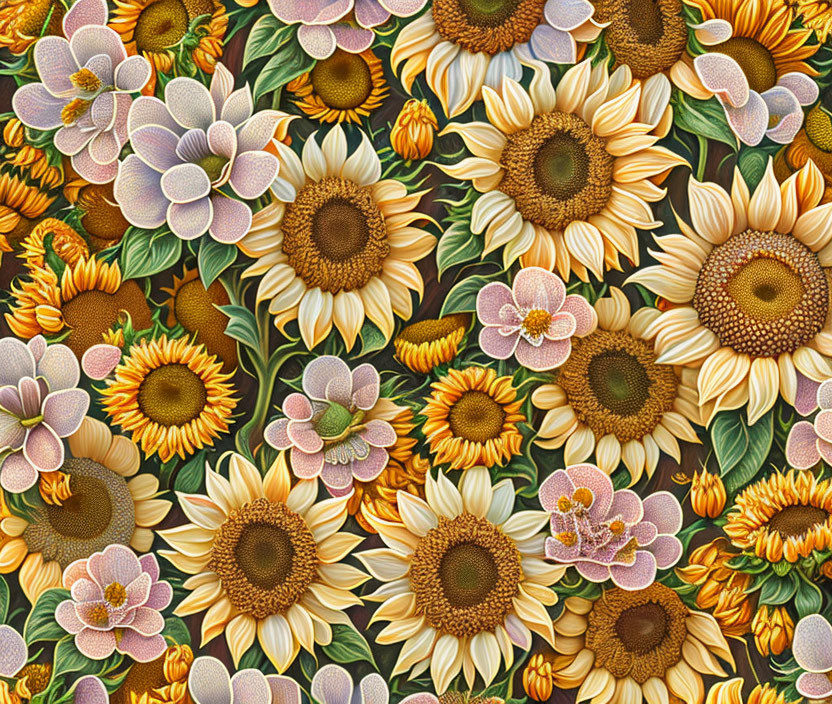 Detailed Sunflower and Daisy Floral Pattern on Dark Background
