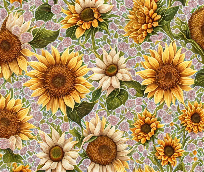 Realistic sunflowers and leaves on vibrant mosaic background