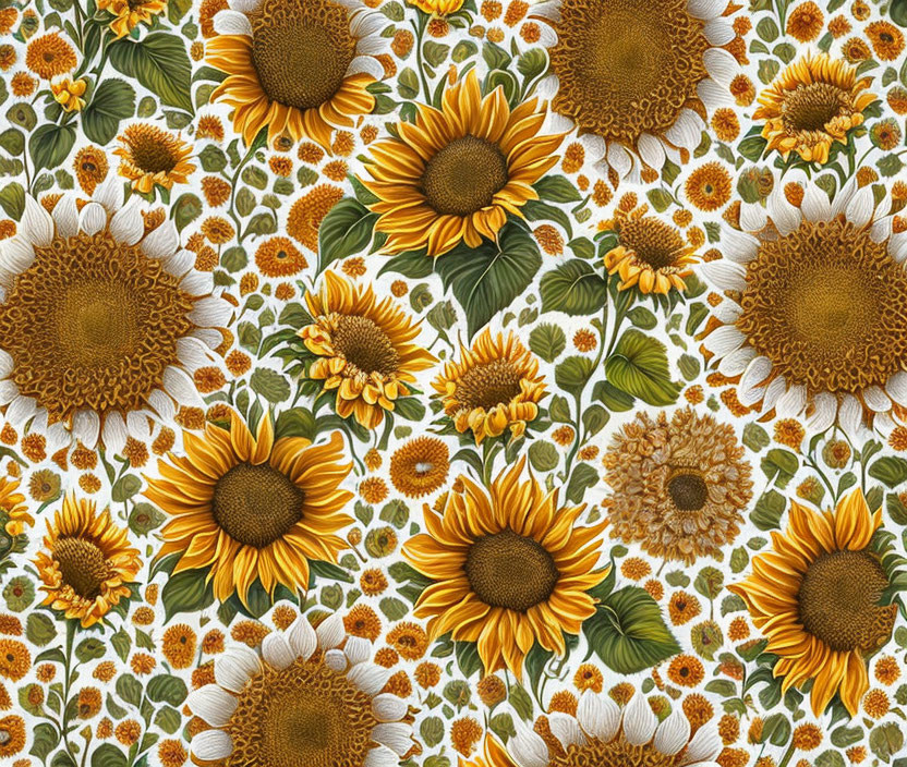 Colorful Sunflower and White Flower Pattern on White Background