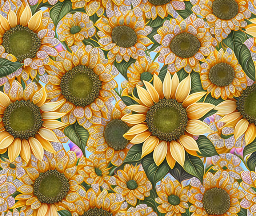 Illustrated Sunflower Pattern in Yellow and Green on Multi-tonal Background
