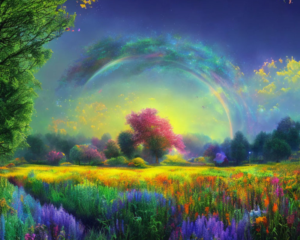 Colorful Flowers in Vibrant Meadow with Surreal Sky & Rainbow