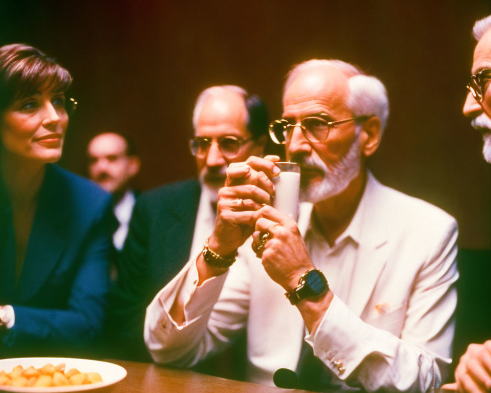 Elderly man in white jacket with cup, surrounded by colleagues