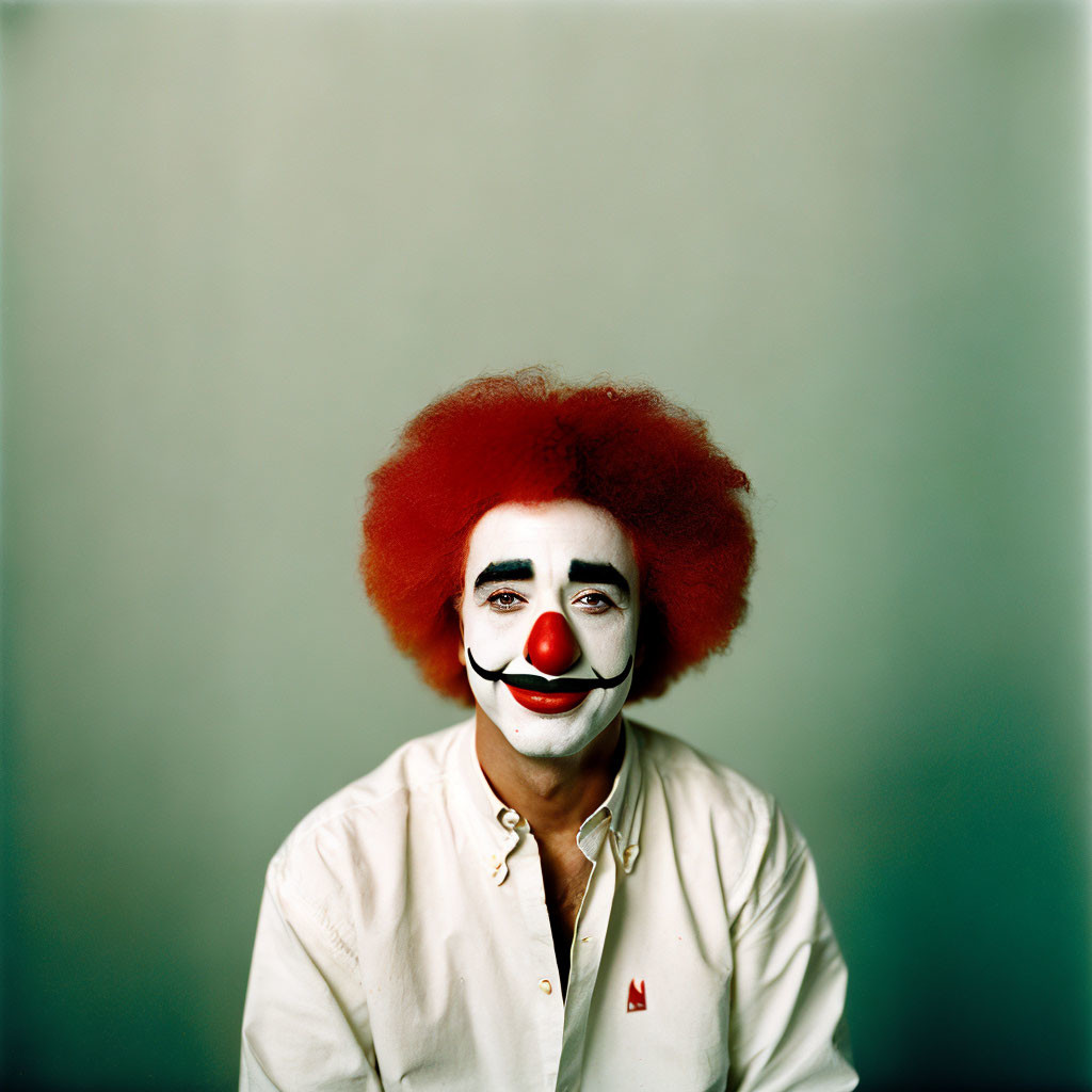 Portrait of a person with sad clown makeup and red wig