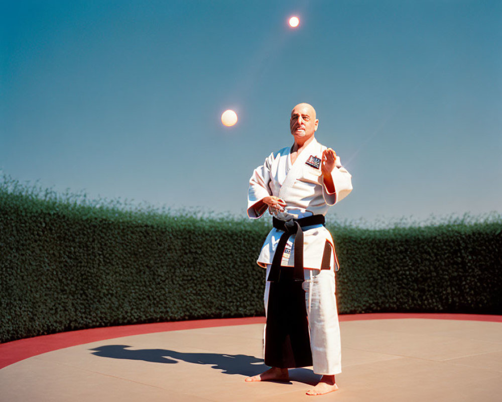 Martial artist in white gi and black belt performing kata outdoors with ping pong balls in mid-air
