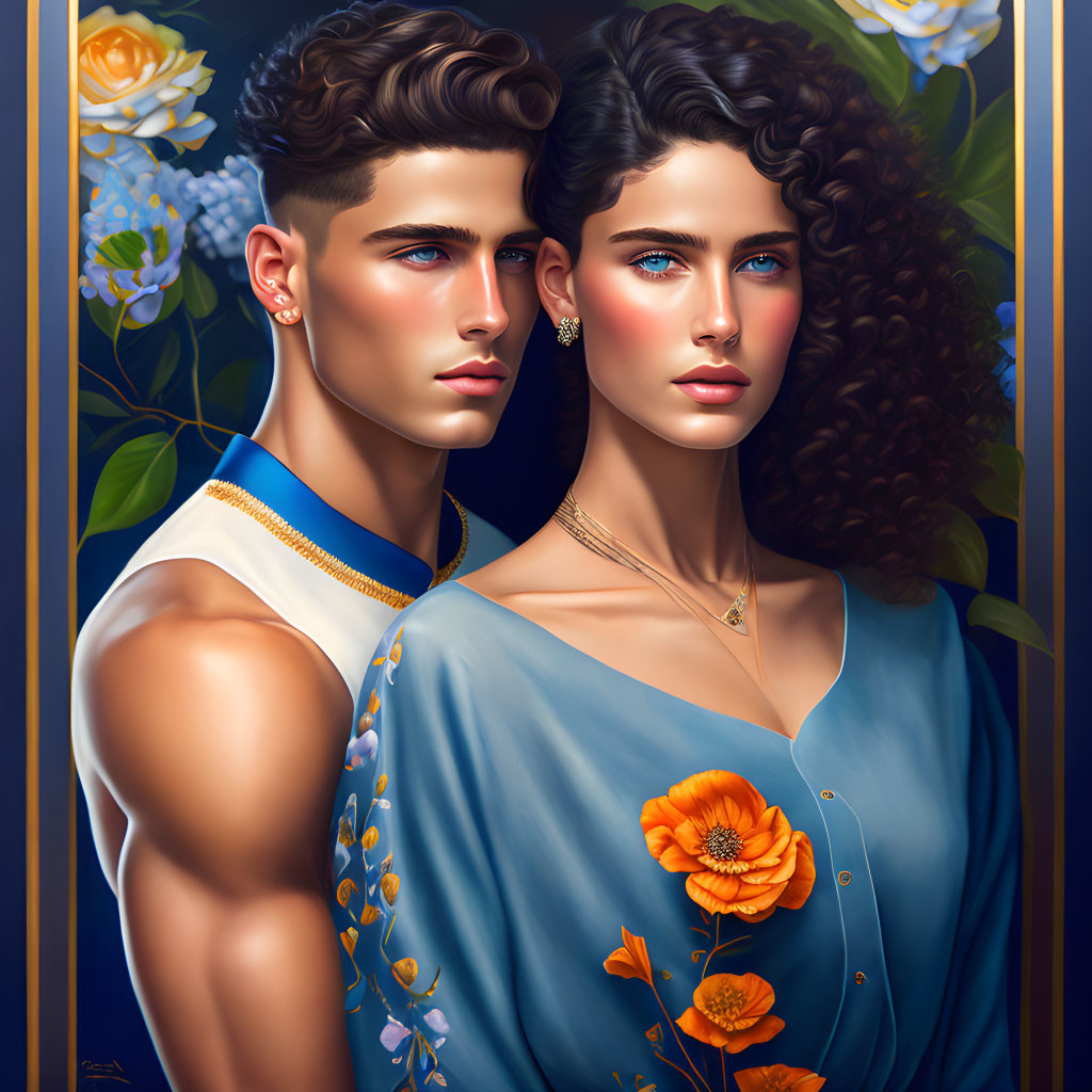 Detailed digital painting of young man and woman with blue eyes, curly hair, and jewelry on floral and