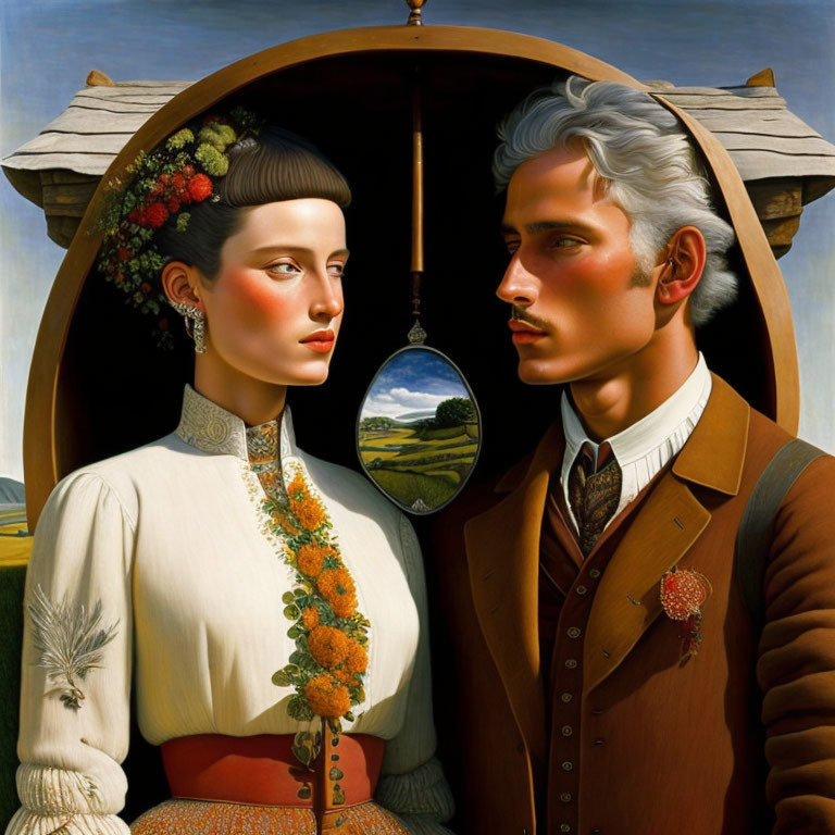 Surrealistic painting: man, woman, keyhole, countryside landscape
