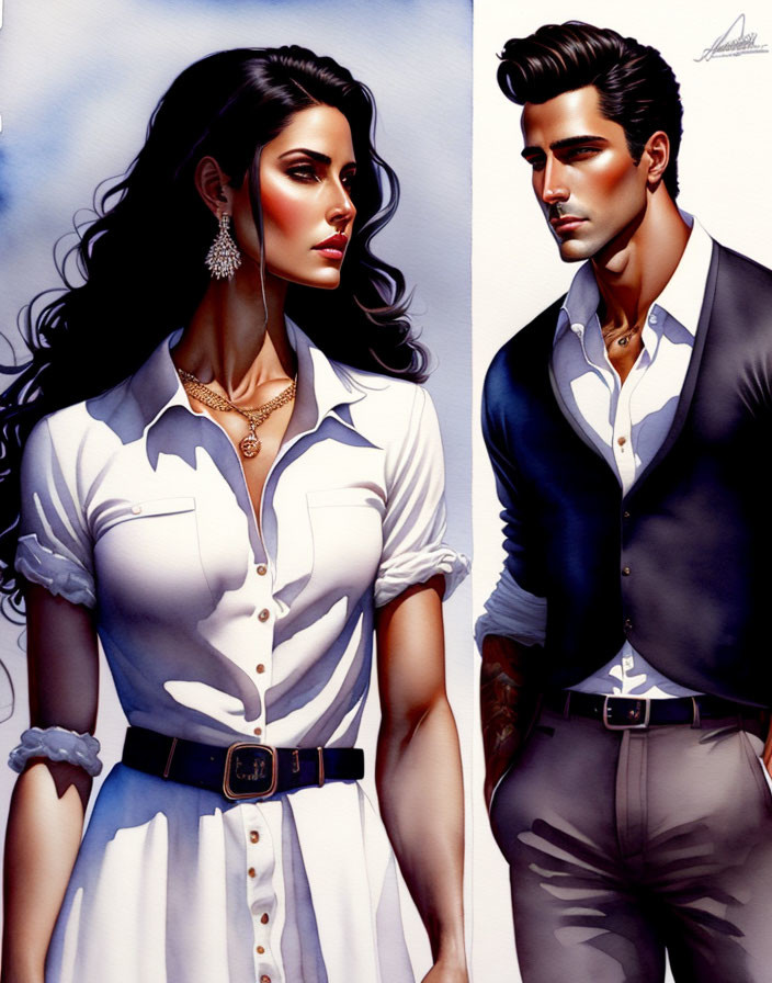 Stylish woman and man in formal attire: woman in belted white shirt, man in dark