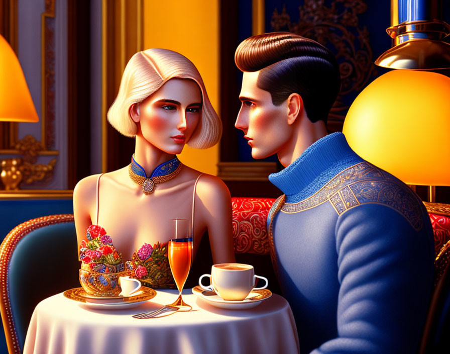 Stylized couple in elegant attire at table with drinks in lavish interior
