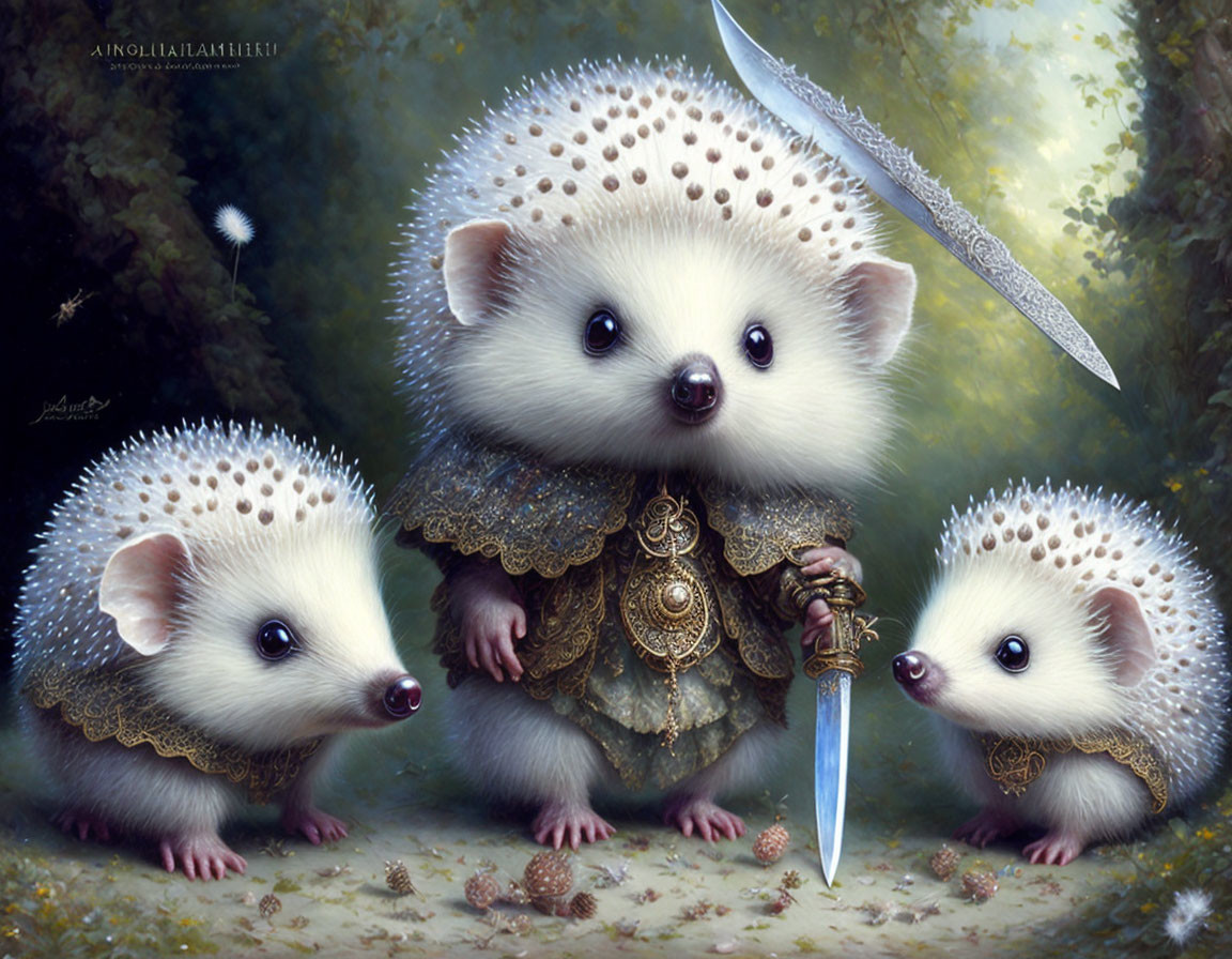 Medieval armor-clad hedgehogs in a fantasy forest with sword and dandelion seeds