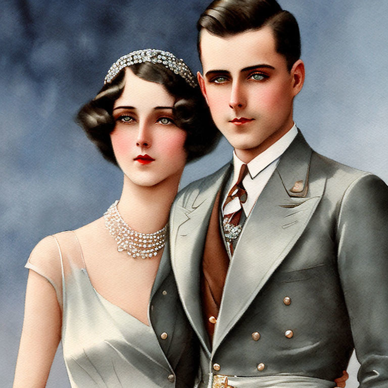 Vintage Illustration of Elegant Couple in Pearl Necklace & Double-Breasted Suit