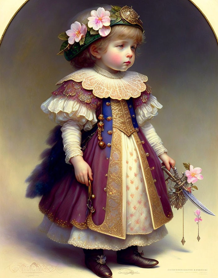 Child portrait in historical dress with flower-adorned hat, ruffled collar, holding a flower