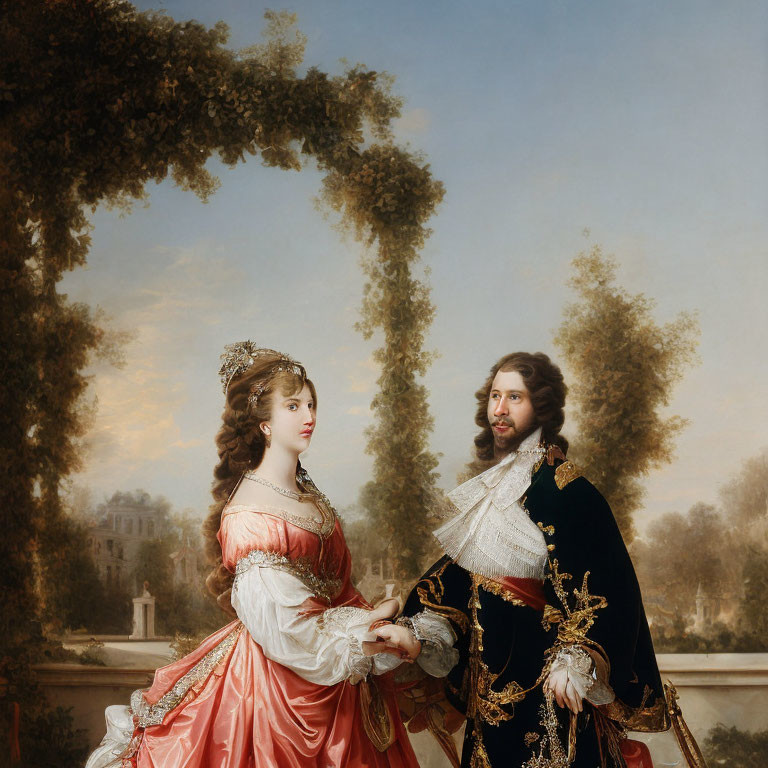 Regal 17th-Century Couple in Black, Gold, and Pink in Garden Setting