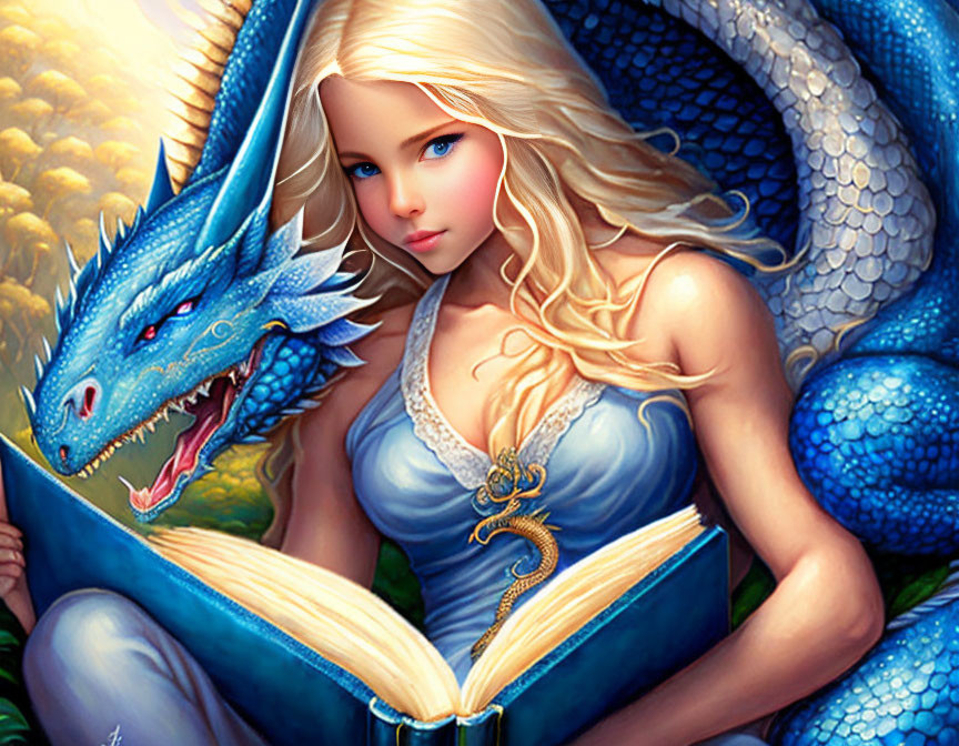 Little reading a book to her dragon