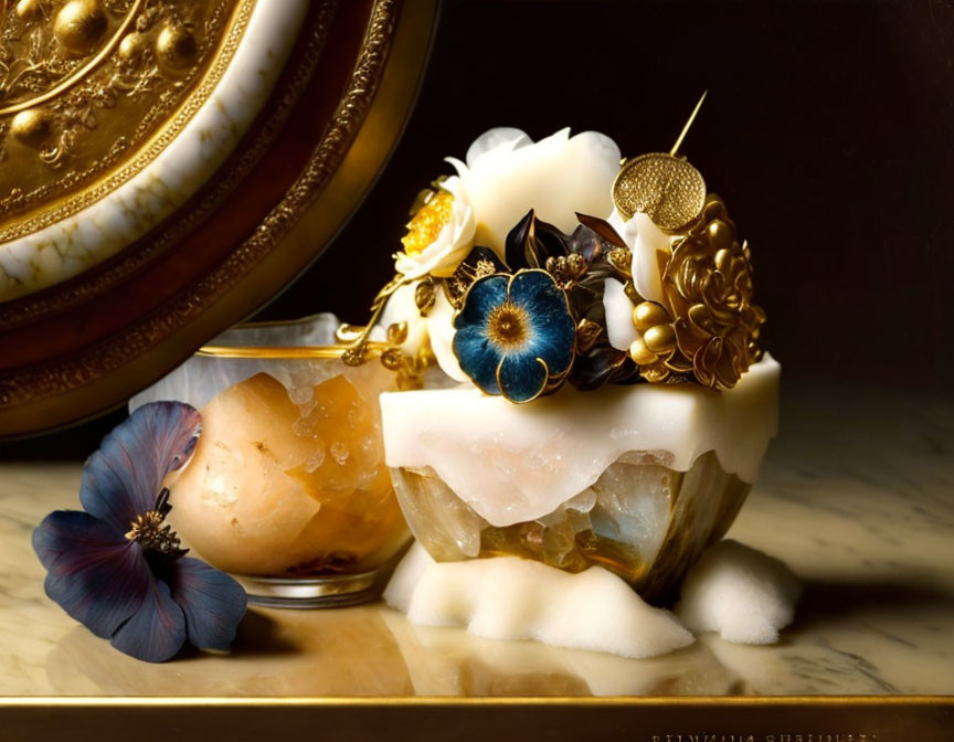 Luxurious Candle with Melted Wax, Gold Jewelry, and Blue Flowers on Regal Golden Background