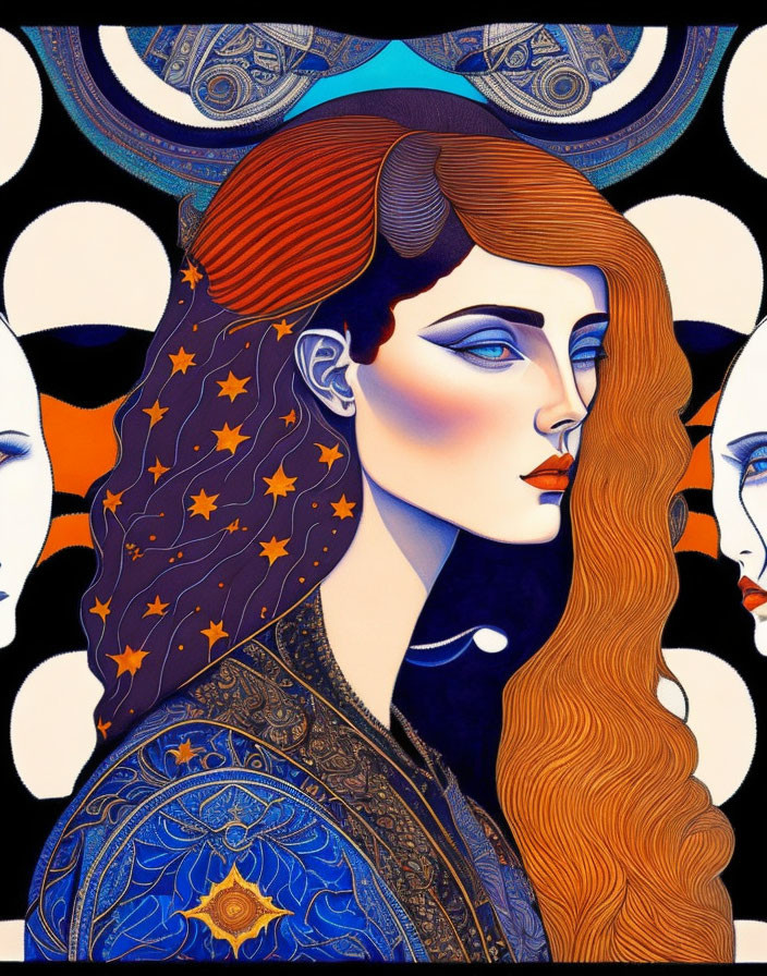 Stylized illustration of a woman with orange hair and celestial motifs