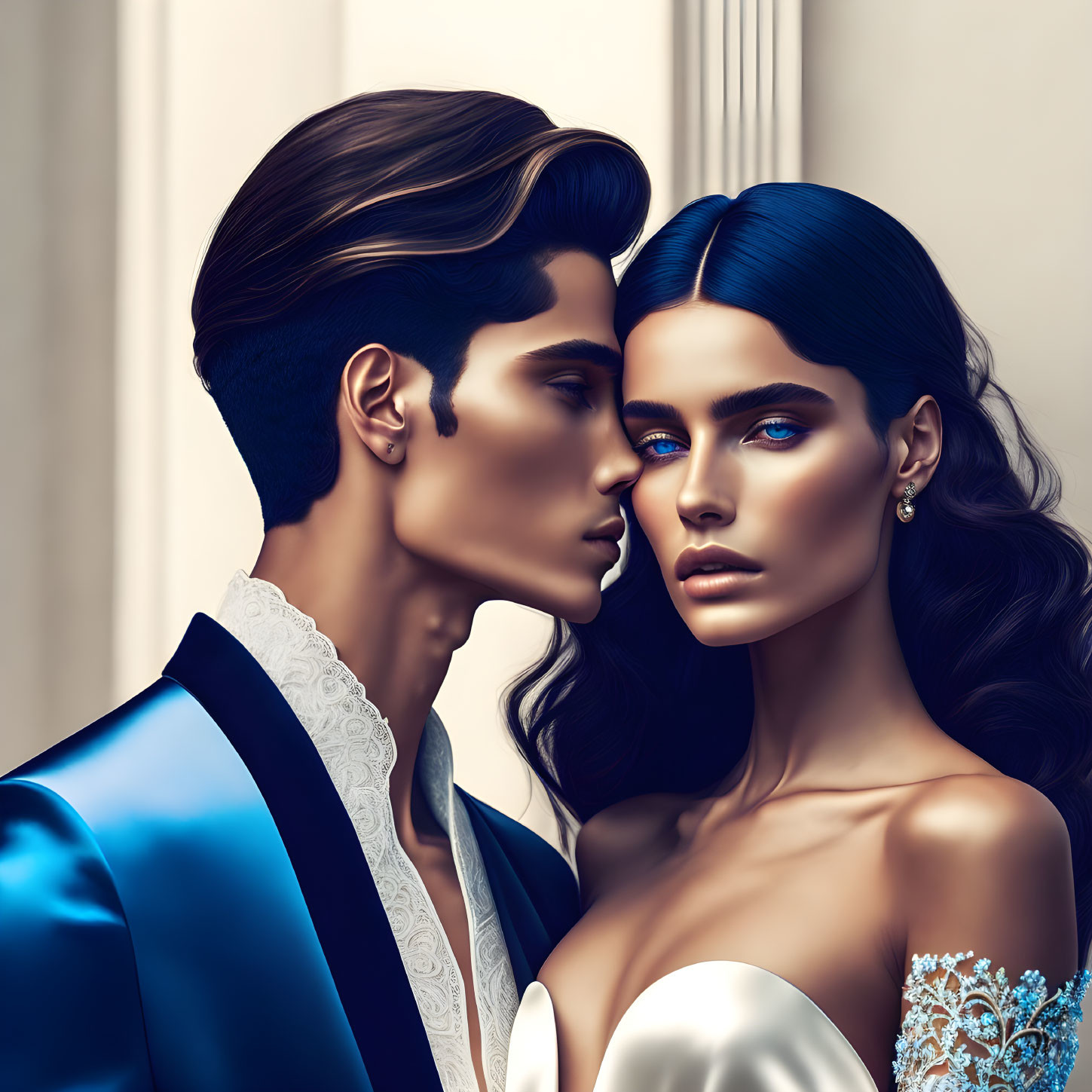 Stylish Couple in Tuxedo and Off-Shoulder Dress with Striking Blue Eyes