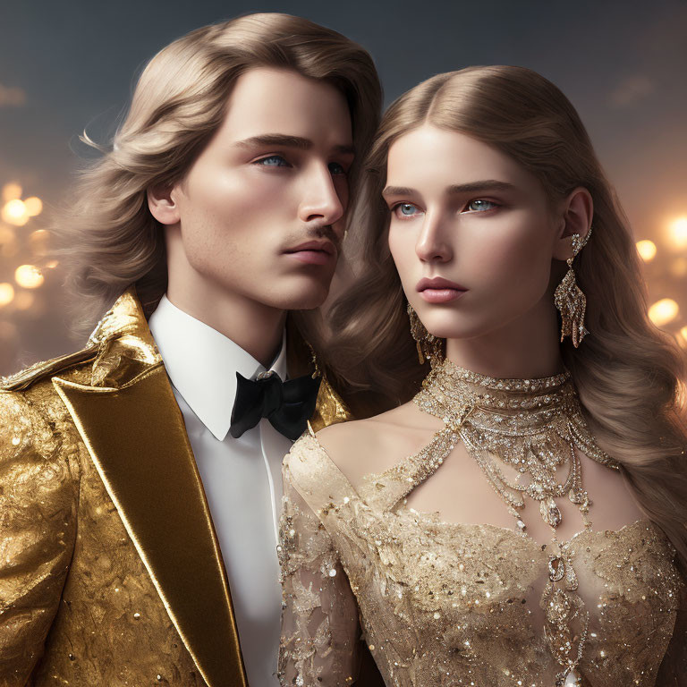 Luxurious Couple in Gold Attire Against Glowing Backdrop