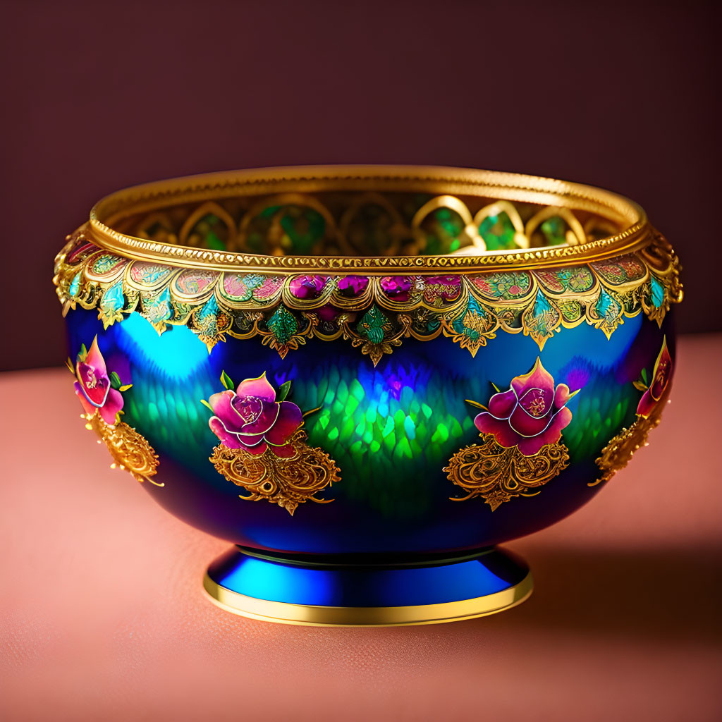 Iridescent Blue and Green Bowl with Gold Accents and Pink Florals