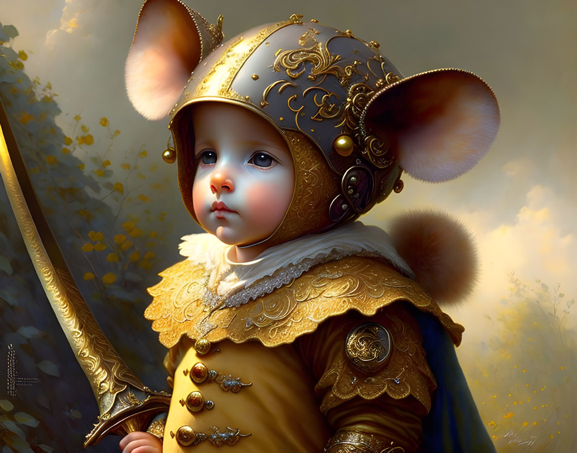Whimsical painting of toddler in golden knight's armor with mouse ears