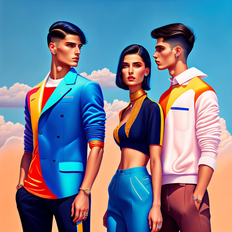 Three individuals in modern clothing against pastel sky