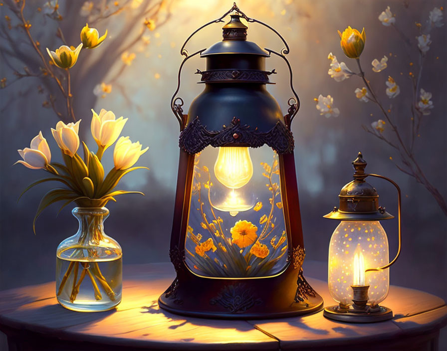 Vintage lanterns and yellow tulips on wooden table at twilight