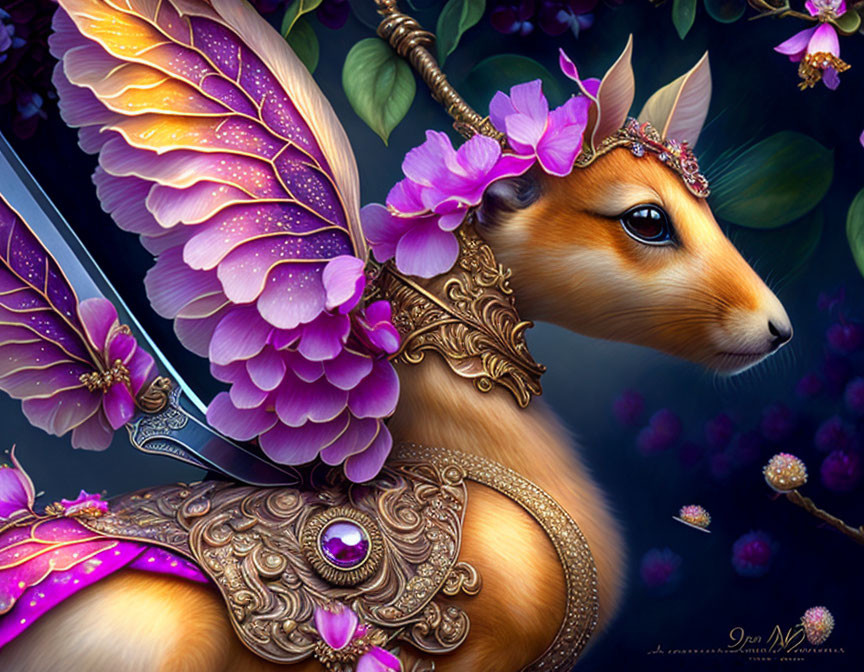 Mythical fawn creature with butterfly wings in enchanted forest